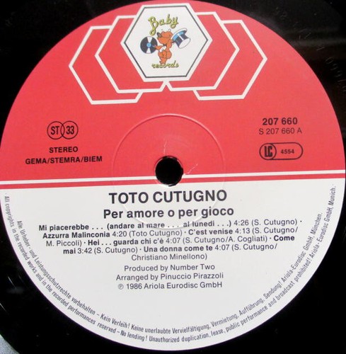 LP TOTO CUTUGNO - PER AMORE O PER GIOCO / GERMAN 1st PRESS. / VG++ MINT- - Bild 3 von 4