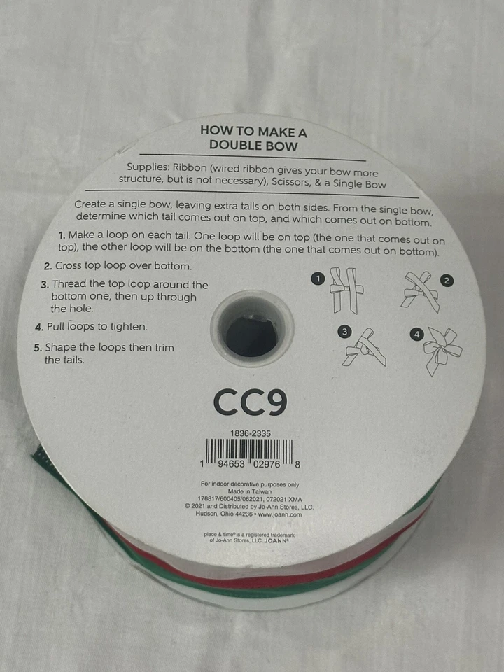 Place & Time - Holiday Ribbon Green Velvet Red Stripe Large 4" Wire Edge NEW - Image 3 of 3