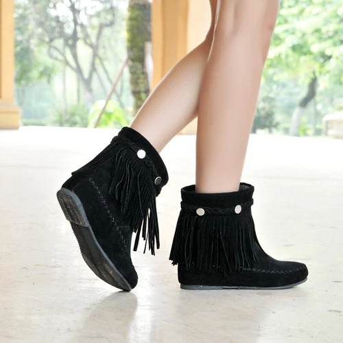Damen-Stiefeletten Kunst-Wildleder Fransen Quaste Mokassin Stiefel runde Spitze Freizeitschuhe - Bild 4 von 18