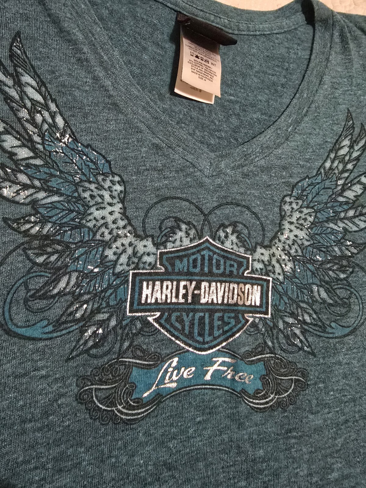 Womens Medium Teal Live Free Harley Davidson Short Sleeved Shirt Top