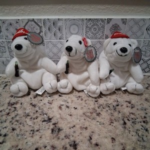 Lot of 3 Coca Cola Plush Collection Polar Bears Holding Coke Bottle '97 Bean Bag