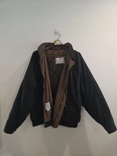 Towne By London Fog Men's Black Jacket Sz L Brown Leather Collar Zip Out Lining