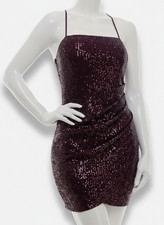 Emerald Sundae Womens Juniors Purple Sequin Drape-Hem Bodycon Mini Dress Size M