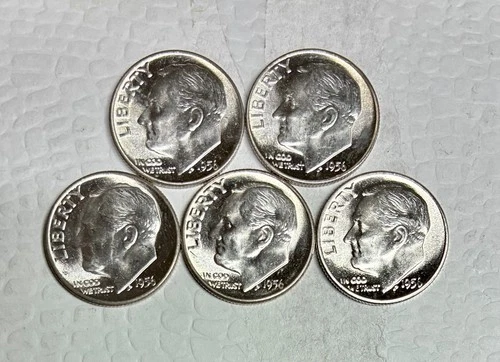 Lot of 5 1956 Silver Roosevelt Dimes, Brilliant Uncirculated