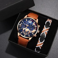 Men Watch Brown Leather Strap Gift Business Round Dial Analog Quartz Wristwatch