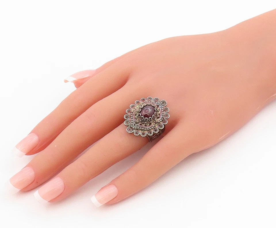 Anillo de plata de ley 925 vintage cabujón amatista banda bohemia talla 7 RG34231 Foto 3 de 4