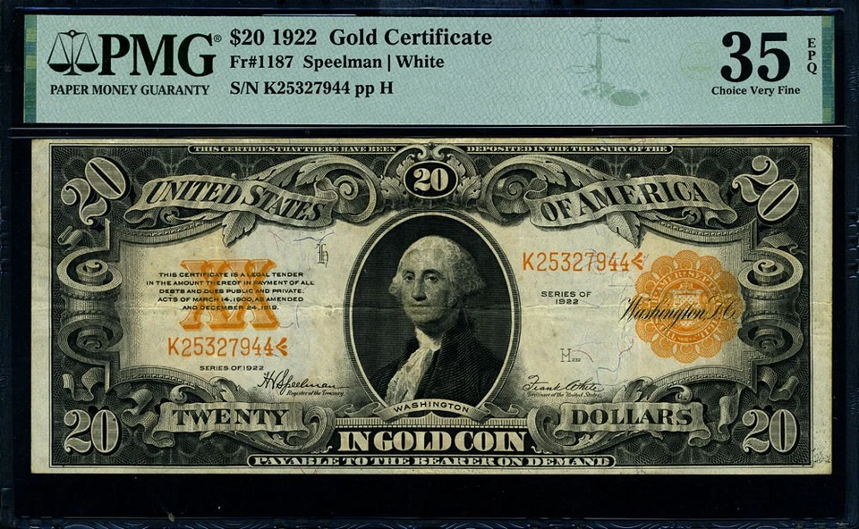 FR. 1187 $20 1922 Gold Certificate Choice PMG VF35 EPQ - Image 2 of 3