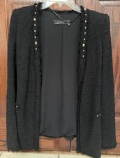 ZARA Woman Black Boucle Tweed Studded Jacket Blazer Fringe Sz S Small Open Front