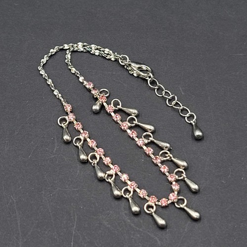Pink Rhinestone Dangle Ankle Bracelet Silver tone Womens Anklet 10"+