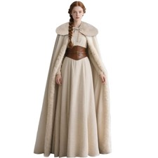 Medieval Cape with Viking Fur Collar Womens Renaissance Costume Beige