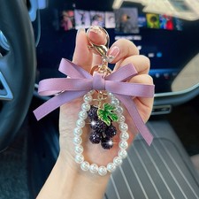 Charm Bowknot Crystal Grape Pearl Pendant KeyChain Handbag Keyring Ladys Gift