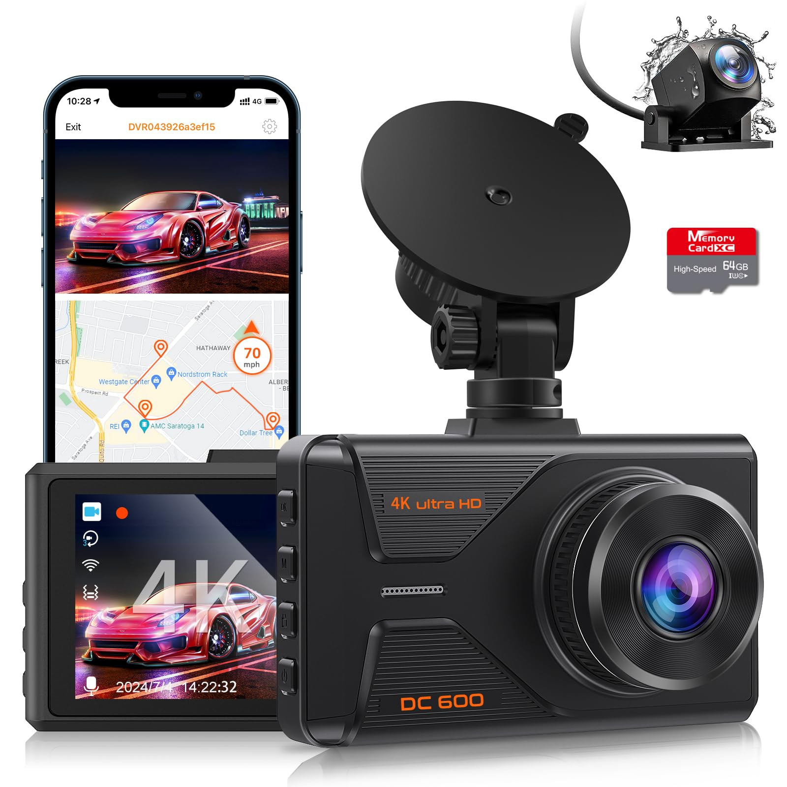 4K+1080P WiFi GPS Dual Dash Cam for Cars with 64G SD Card-image