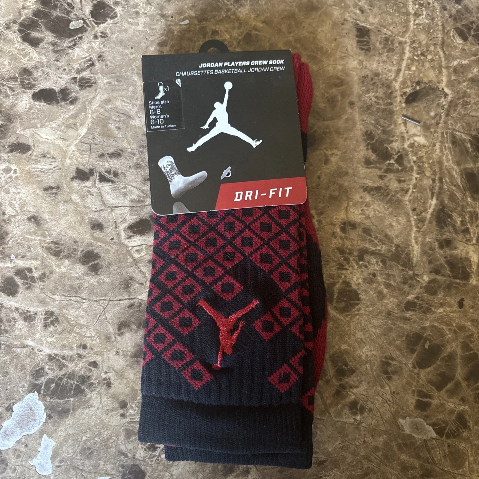 RARE Nike Air Jordan Players Crew Sock Men’s Size M 6-8 Dri-fit Red/Black NWT