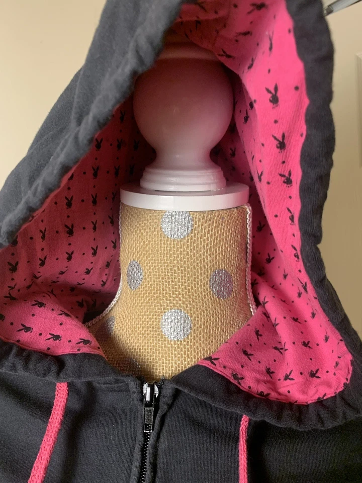 Vintage Y2K Playboy Bunny Full zip Hoodie Small MCbling 90s 3/4 Sleeves Grail - Image 3 of 4