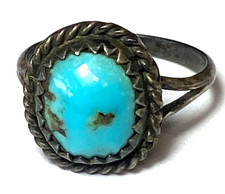 Sterling Silver Antique Turquoise 13mm Solitaire Ring Size 5.25