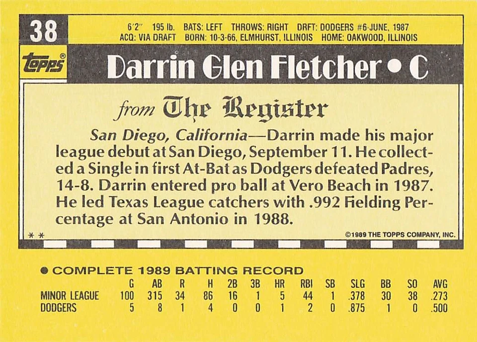 1990 Topps Major League Debut 1989 #38 Darrin Fletcher - Image 2 of 2