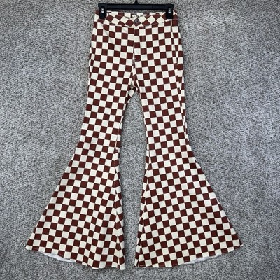 Free People Just Float On Flare Pants Women's Size 24 Checkered Brown Beige Prep