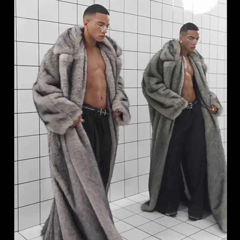 115-120cm Long Coat Mens Faux Fox Fur Lapel Collar Overcoat Winter Warm S-6XL Sz - Image 3 of 4