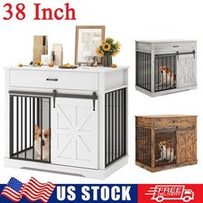 38" Large Dog Crate Wooden Kennel Cage End Table Pet Furniture w/ Storage Drawer