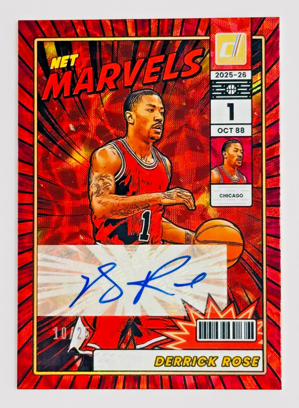 2025 Donruss Derrick Rose Net Marvels Color-Match Red Scope Auto /25 Bulls SSP