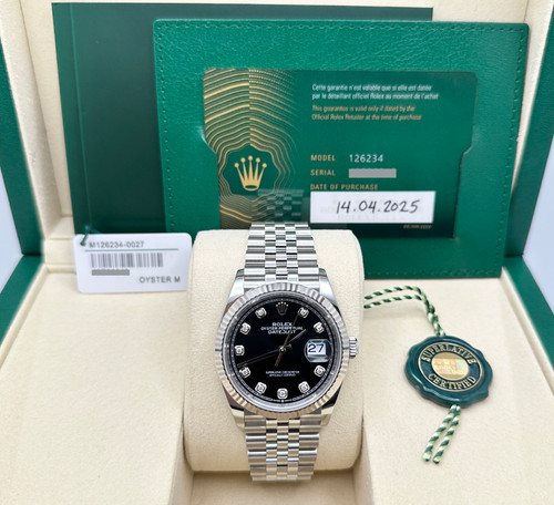2025 Rolex Datejust 36 126234 Black Diamond Dial 18K White Gold Steel Box Paper