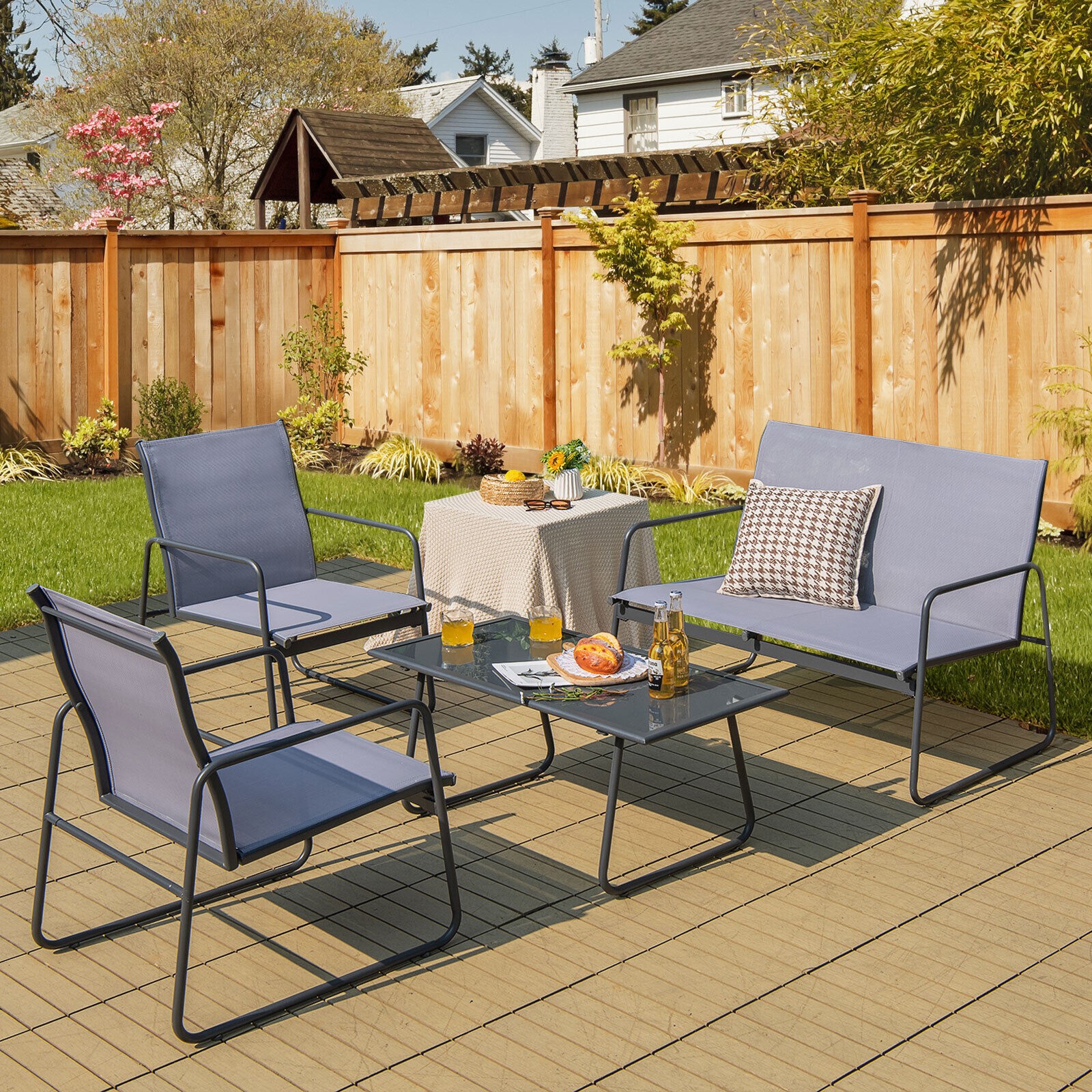4PCS Garden Patio Table & Chair Set Outdoor Conversation Furniture Metal Frame