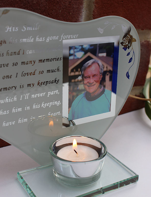 His smile Inspirational poem, candle and photo holder glass memorial
