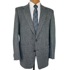 Stafford Hampshire Men's Sport Coat Blazer Gray Elbow Pads Herringbone Wool 44R