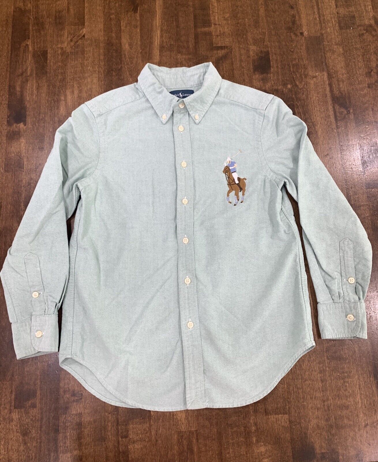 Ralph Lauren Boys M 10-12 Big Pony Polo Logo Green Oxford L/S Button Down  Shirt