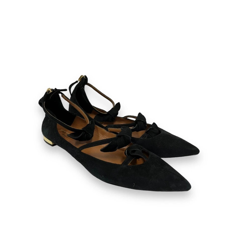 AQUAZZURA Black Suede Strappy St Tropez Bow Point Toe Flats Size 38 US 8 - Image 3 of 4