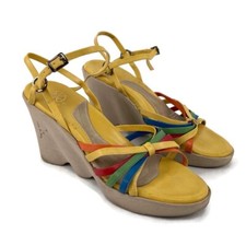 Vintage Famolare Shoes 6 Yellow 70s Hi-Up Leather Wavy Platform Strappy Wedge