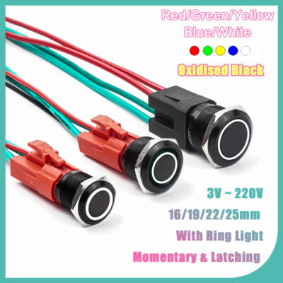Oxidised Black Metal Pushbutton Ring Light with Wire Momentary Latching 16-25MM