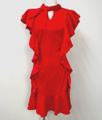 Red Ruffles Knee Length Dress Neck Tie Short Sleeve Women's Size Small |  eBay