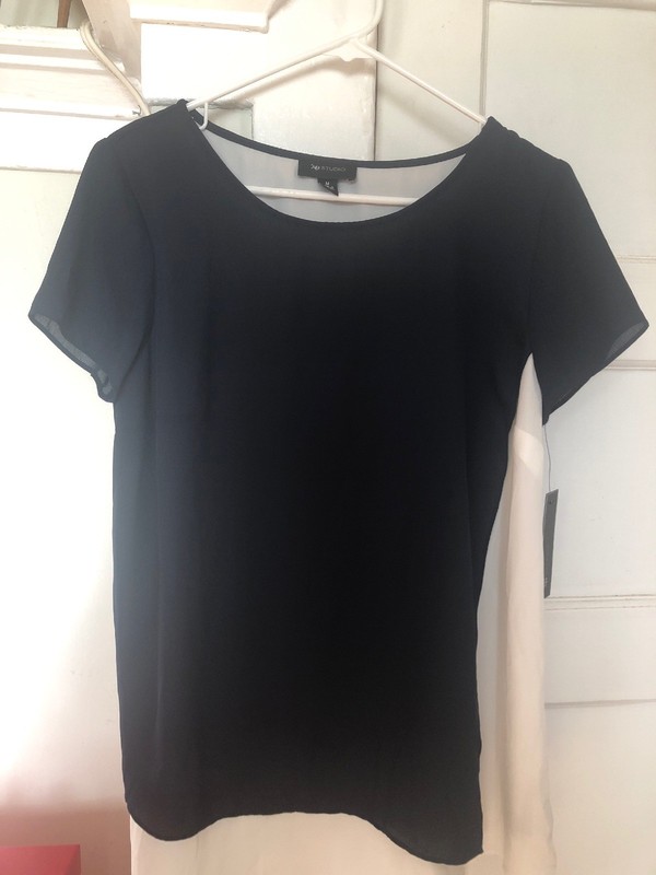 AB Studio Blouse Navy And White Medium Necklace Popover Wovens New With Tags