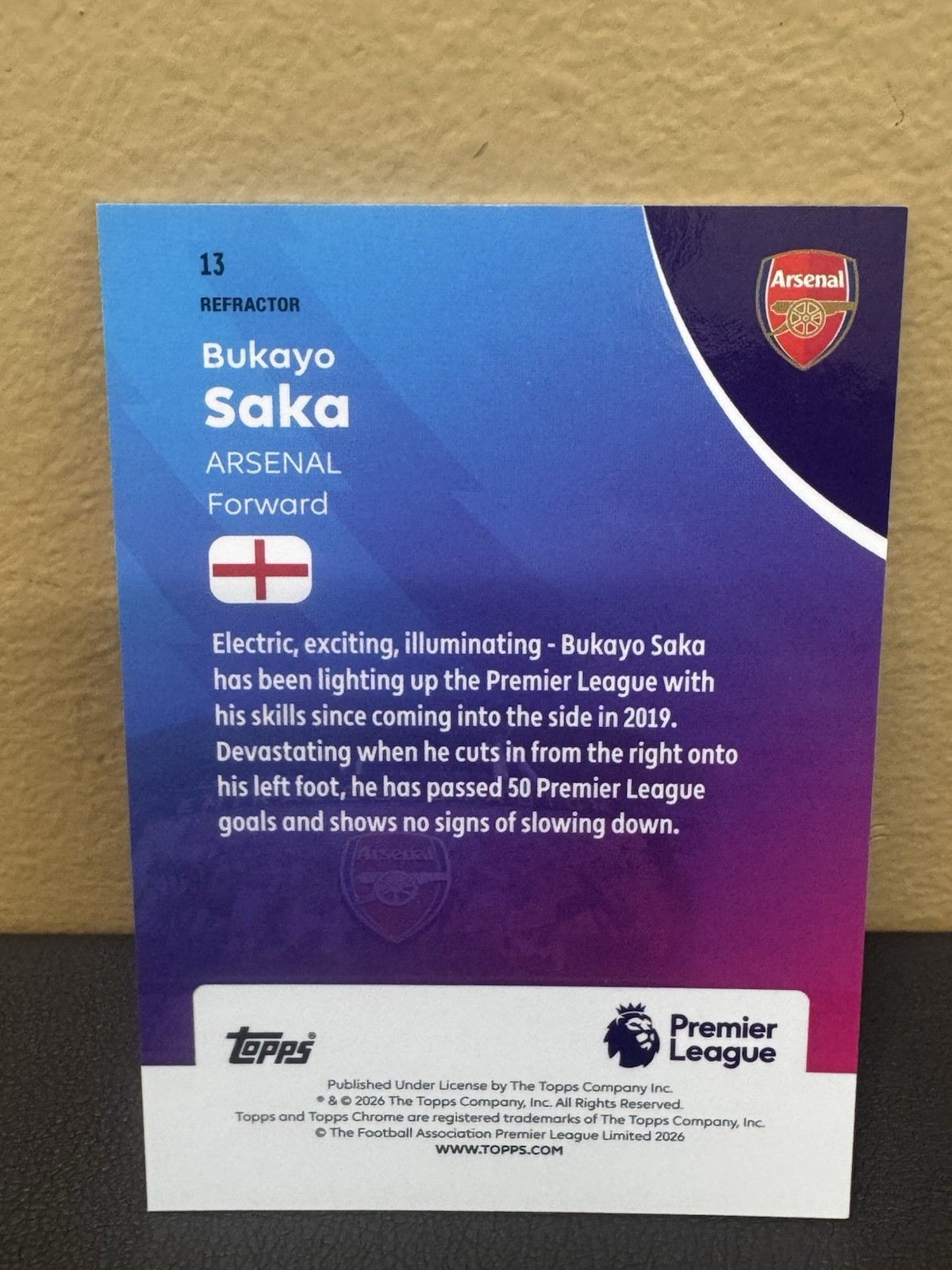 2026 Topps Chrome Premier League Bukayo Saka Silver Refractor Arsenal view 2