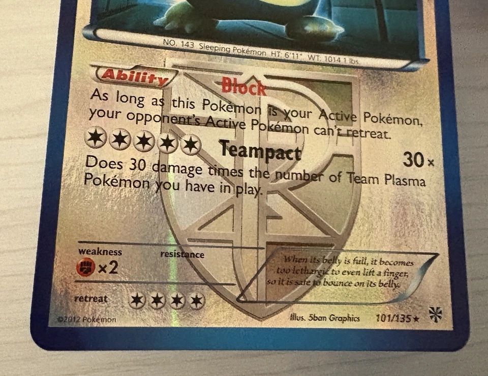 Pokemon TCG Snorlax Plasma Storm 101/135 Reverse Holo Rare - Image 3 of 4