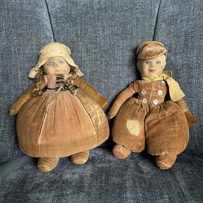 2 Chad Valley Velvet Felt Dolls Dutch Girl & Boy Vintage 1930s With Glass Eyes