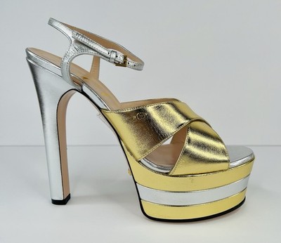 Gucci Crisscross Metallic Leather Straps Platform Heel Logo Sandals Size EU 39.5