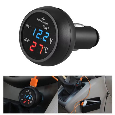 USB Auto Ladegerät DC 12V-24V LED Panel Digital Spannung Volt Meter Thermometer 3in1