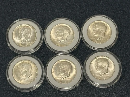 6 Kennedy Half Dollar  1964 90% Silver 1965 1966 1967 1968D 1969D - Pristine BU!