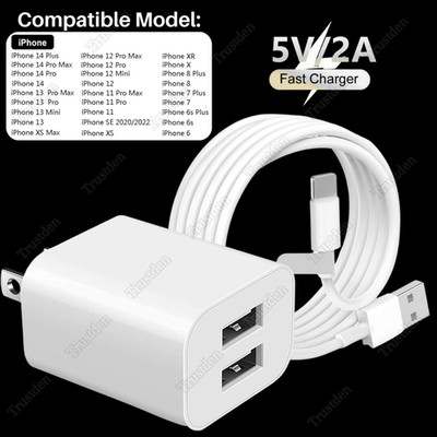 5V2A Power Adapter Block Dual USB Fast Charger Cord For iPhone 14 13 12 11 8 7 6