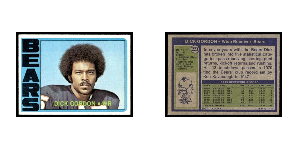 Dick Gordon 1972 Topps #223.0 Chicago Bears Football Card EX - Image 3 of 3