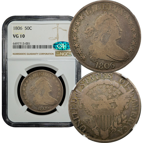1806 Draped Bust Half Dollar 50c Pointed 6, Stem NGC VG10 CAC