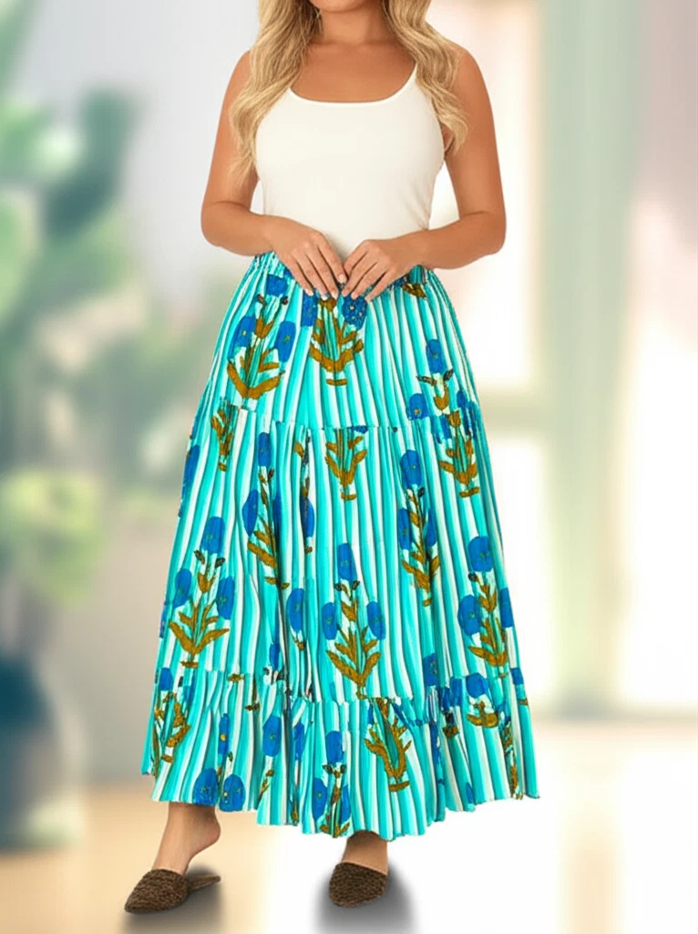 Indian Green Floral Long Frill Skirt 100%Cotton skirt Women's Clothing skirt US