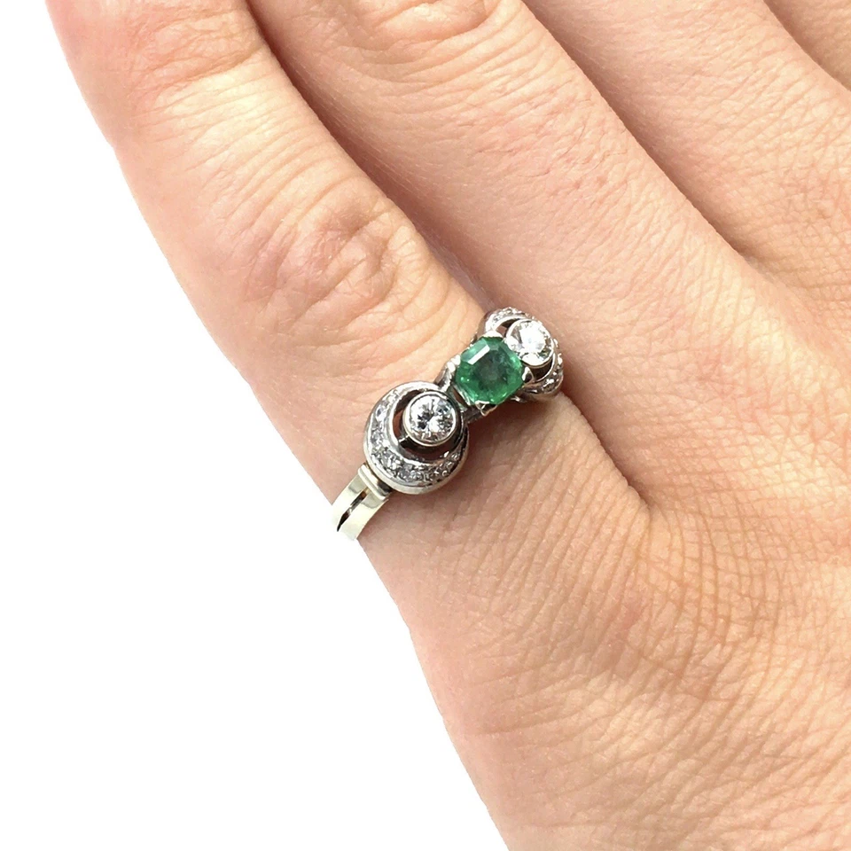 Anillo de oro blanco de 14kt esmeralda diamantes Art Deco 585 oro joyería... - Imagen 2 de 4