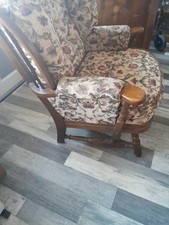 Vintage Windsor Backed Fireside Easy Chair In Dark Wood Frame
