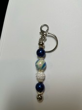 Handcrafted beaded Keychain/Purse or Tote charm/ Zipper Pull blue/ White