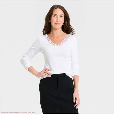Women's Lace Trim V-Neck Ribbed Top - A New Day White XL *SEE DEAL!!!*