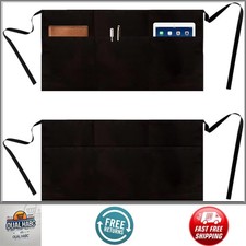 2 Pack Black Server Waist Apron 3 Pockets Short Half Waitress Waiter with Ties