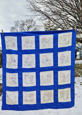 Vintage Handmade BABY QUILT TOP Multi-Color Embroidery 44 x 48